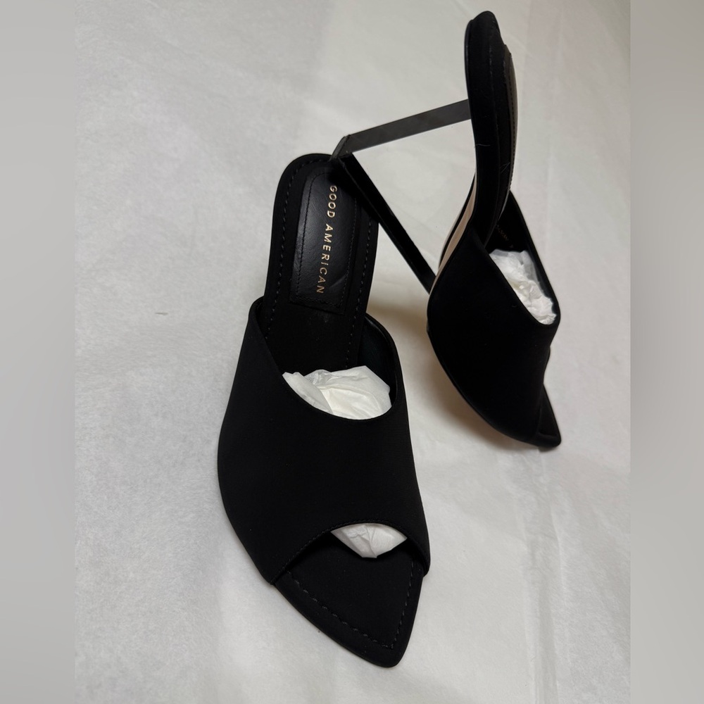 New Good American Black Neoprene Lucite Clear Wedges Slip On Heels🪻